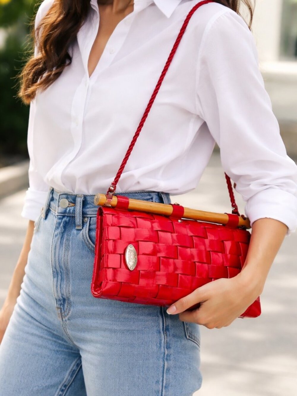 Vintage Gabriella Italy Red Woven Resin Bamboo Handle Bag 80s Statement